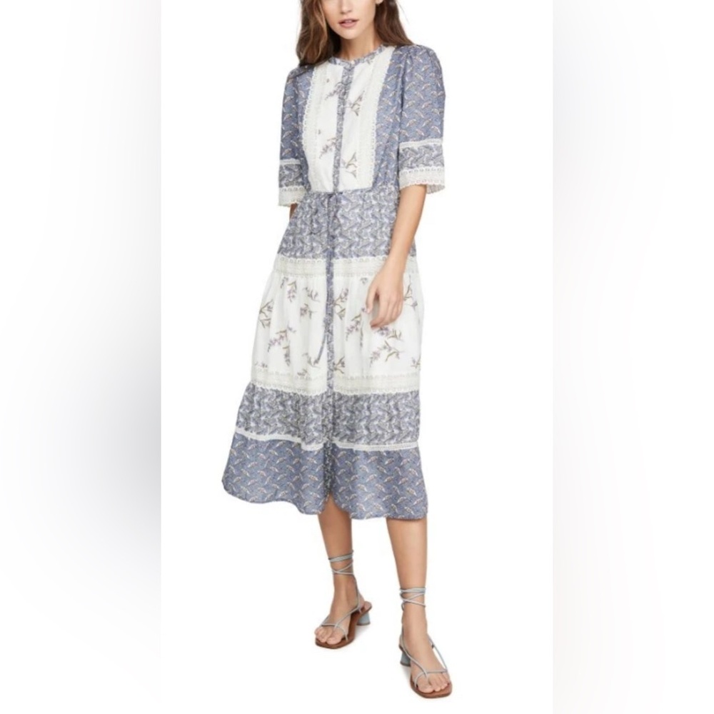 La Vie Rebecca Taylor Patchwork Floral Prairie Midi Dress Cotton Lace Trim - Picture 2 of 15